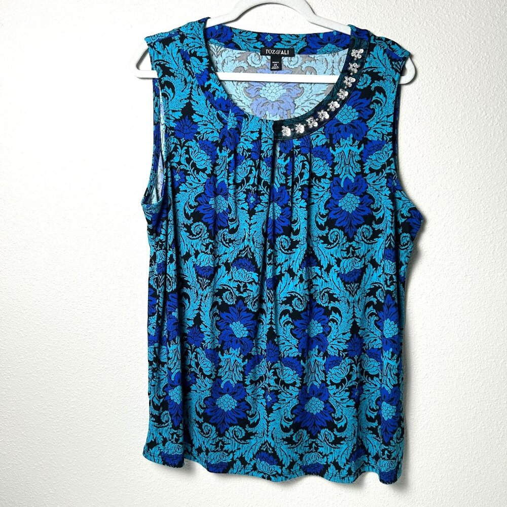 Roz & Ali Top Womens Size 2X Blue Damask Floral Sleeveless Sequin Keyhole Blouse